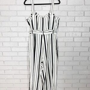 LOFT Striped Wide Leg Jumpsuit Black White Linen Blend Tie Waist | Size 10